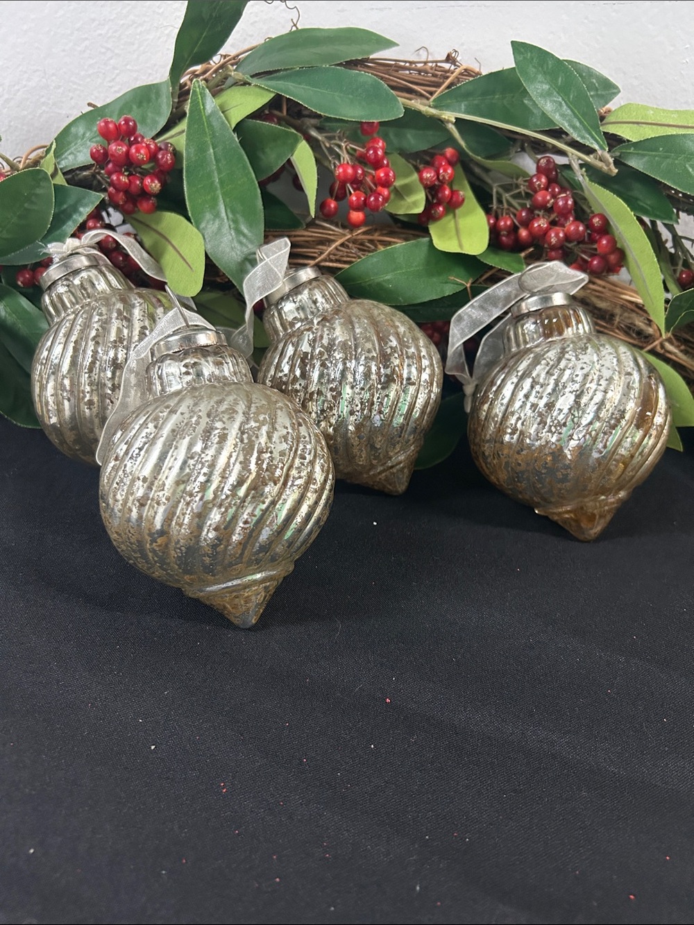 Set of 4 Pottery Barn heavy Mercury glass ornaments